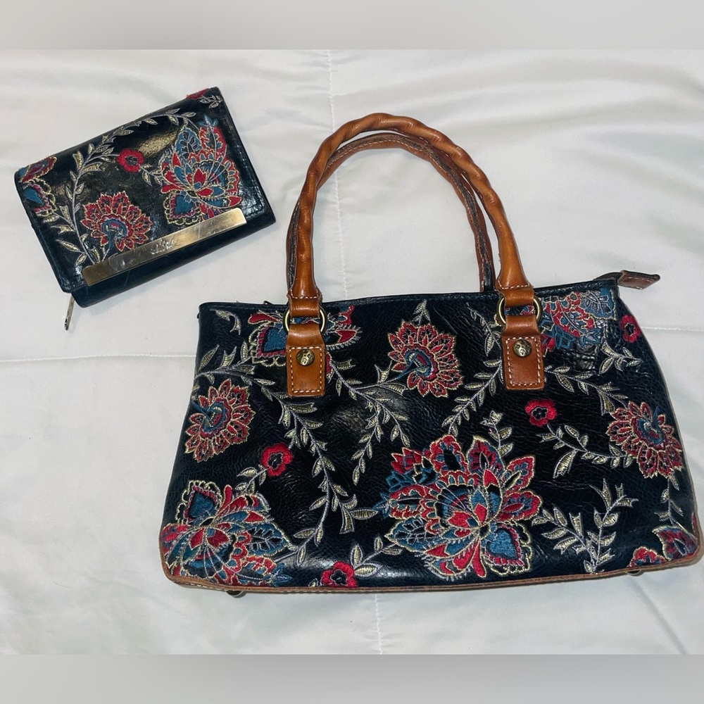 Patricia Nash Black Leather Satchel with Floral Embroidery and Matching Wallet